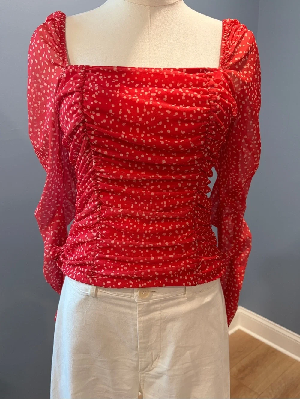 Maeve by Anthropologie Ruched Mesh Polka Dot Top Medium